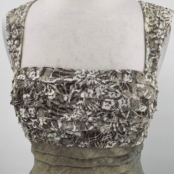 Vintage Y2k Floral Lace Tiered Formal Gown Square Neck Pleated Beige 6/8 - Picture 3 of 11